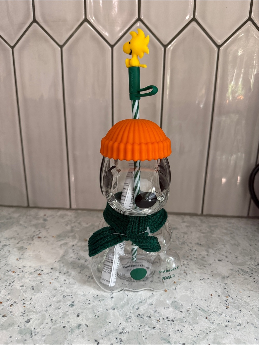 Starbucks Peanuts Snoopy Tumbler with Orange Beanie and Green Scarf